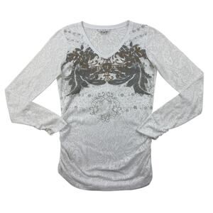 CAbi Graphic Burnout Top White Waffle-Knit Scrunch Long-Sleeve V-Neck Womens L